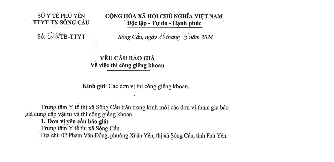 Yêu cầu báo giá về việc thi công giếng khoan